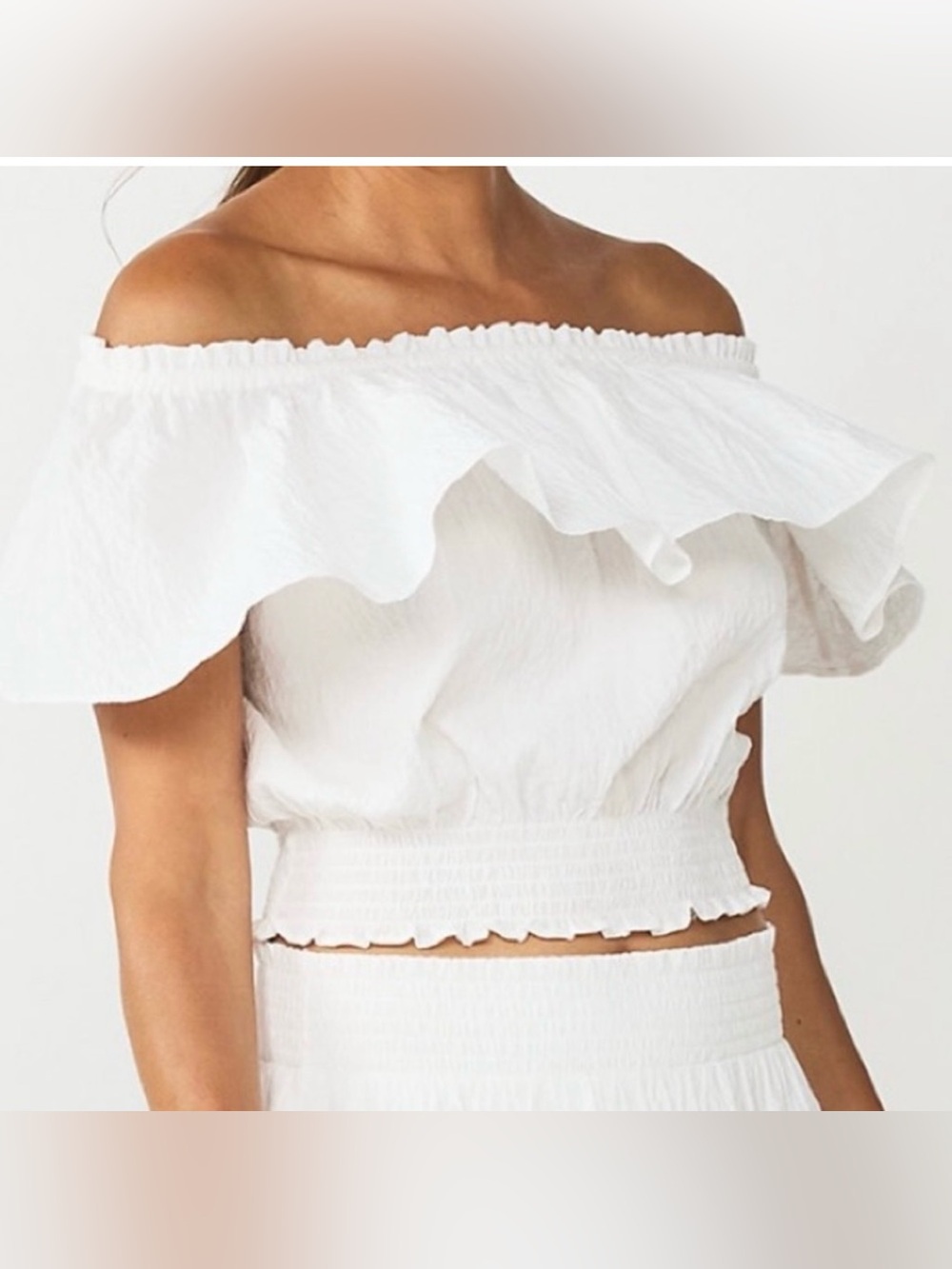 Nine West White Off-Shoulder Ruffle Smocked Crop Top